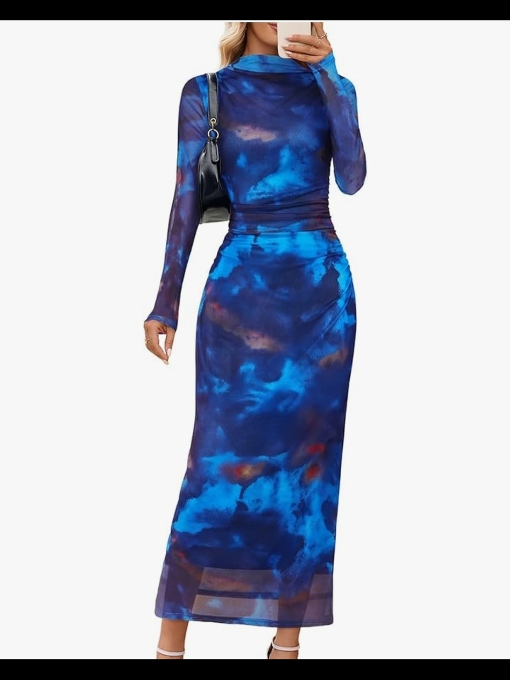 Long Sleeve Blue Mesh Bodycon Maxi Size XL